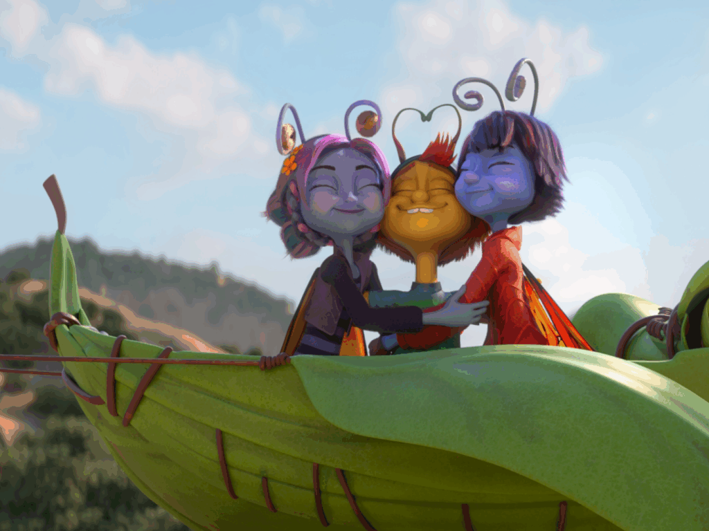 3 main characters hugging each other