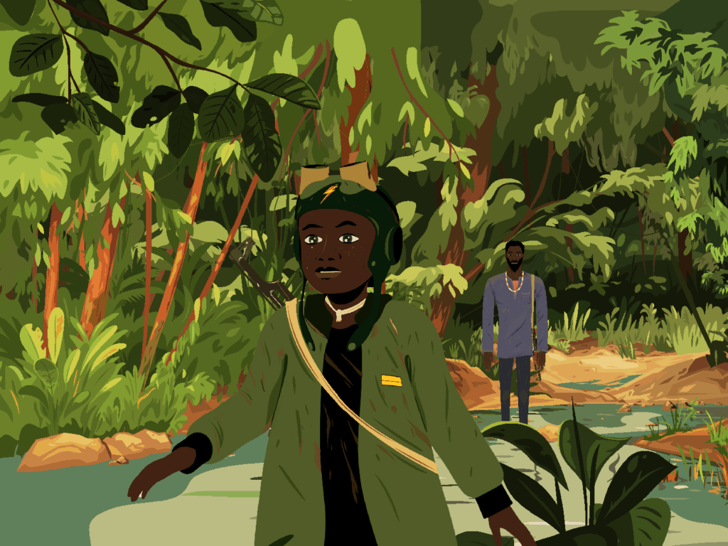 Birahima in the woods in a soldier uniform