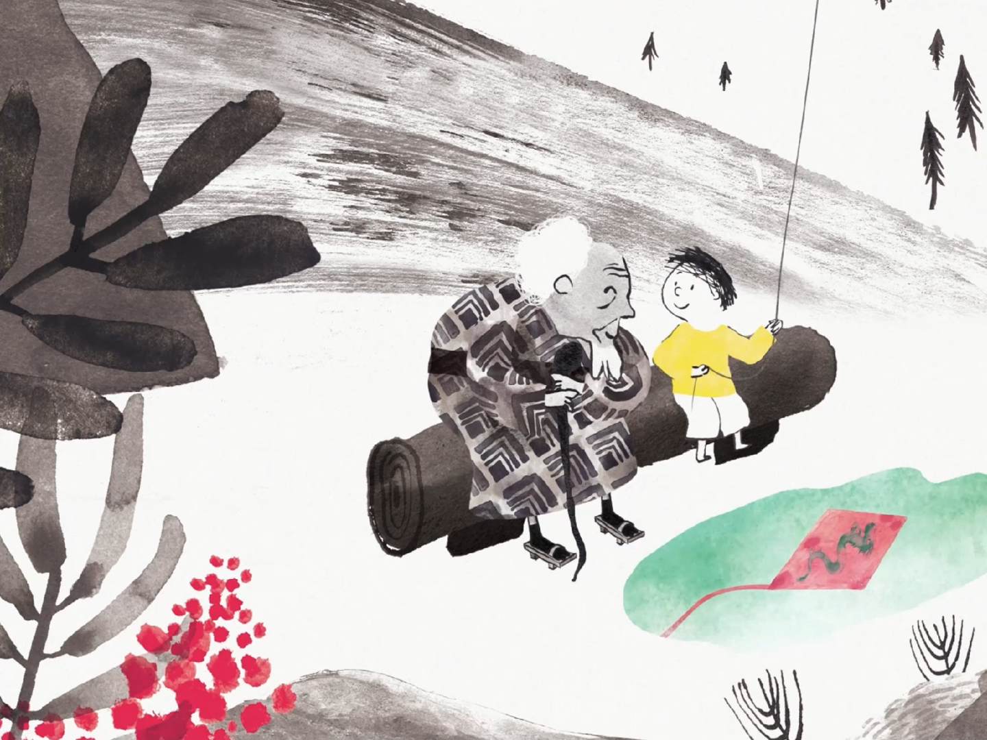 A kid with a yellow shirt is sit on a bench talking to an old man