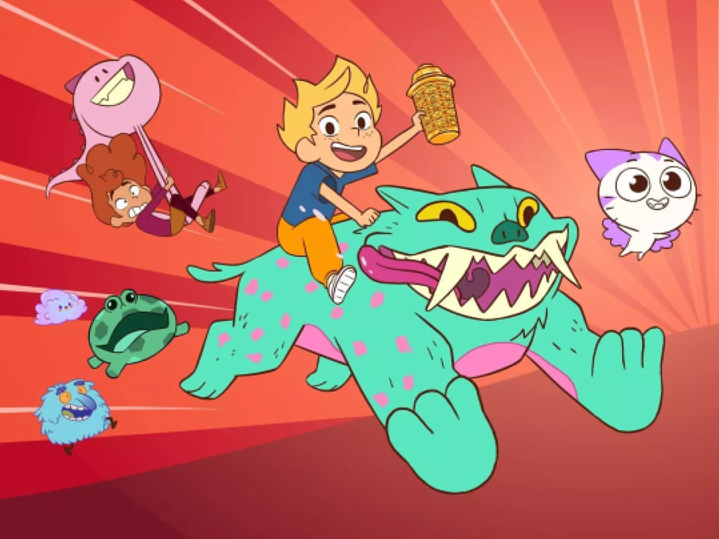 The kid from the TV Show riding a turquoise monster with big teeth