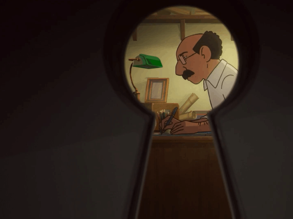 A look through a keyhole where an old man is sitting at a desk