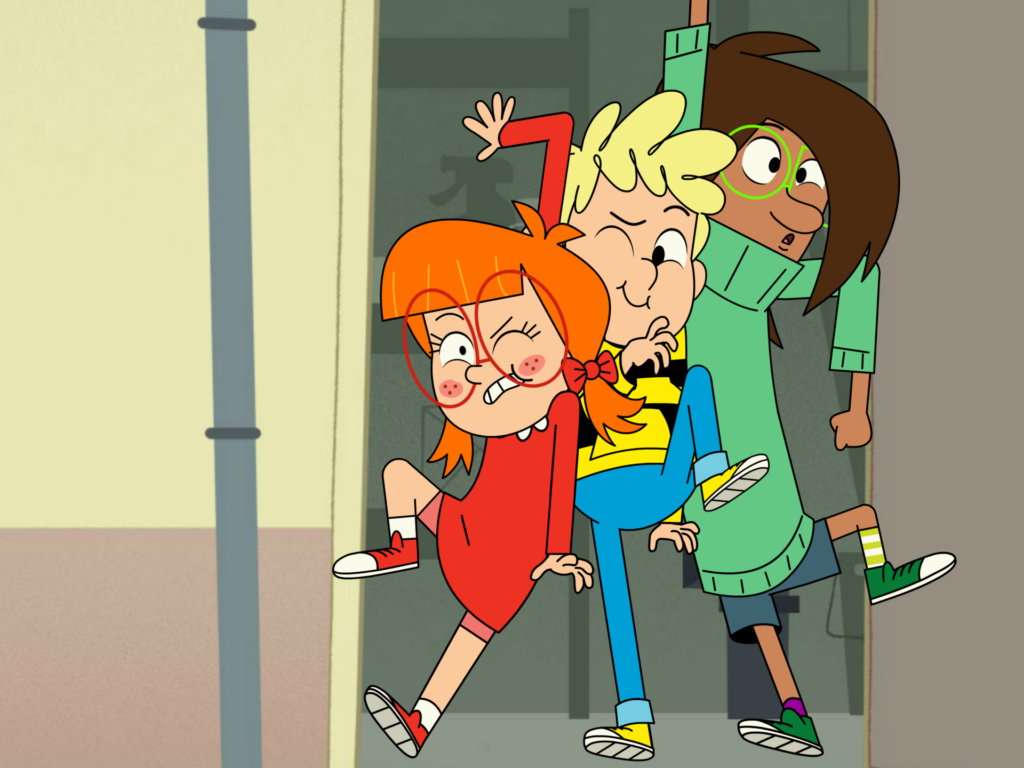 Ducobu and his friends stuck into a door entrance.