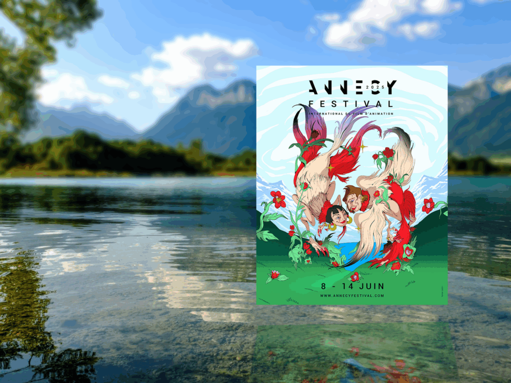 Promotional poster for the Annecy 2025 festival against the backdrop of a mountain and lake landscape.