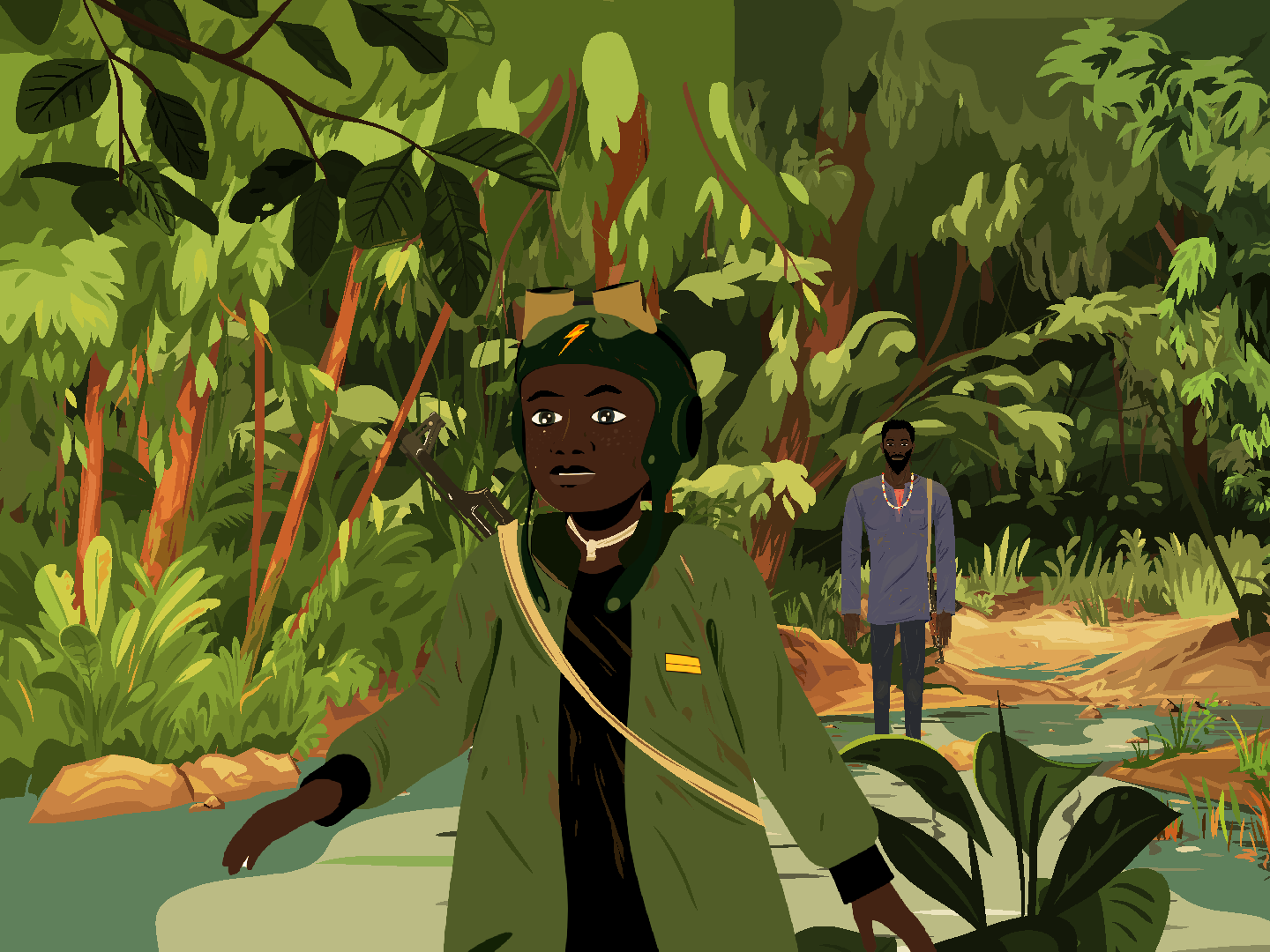 Birahima in the woods in a soldier uniform