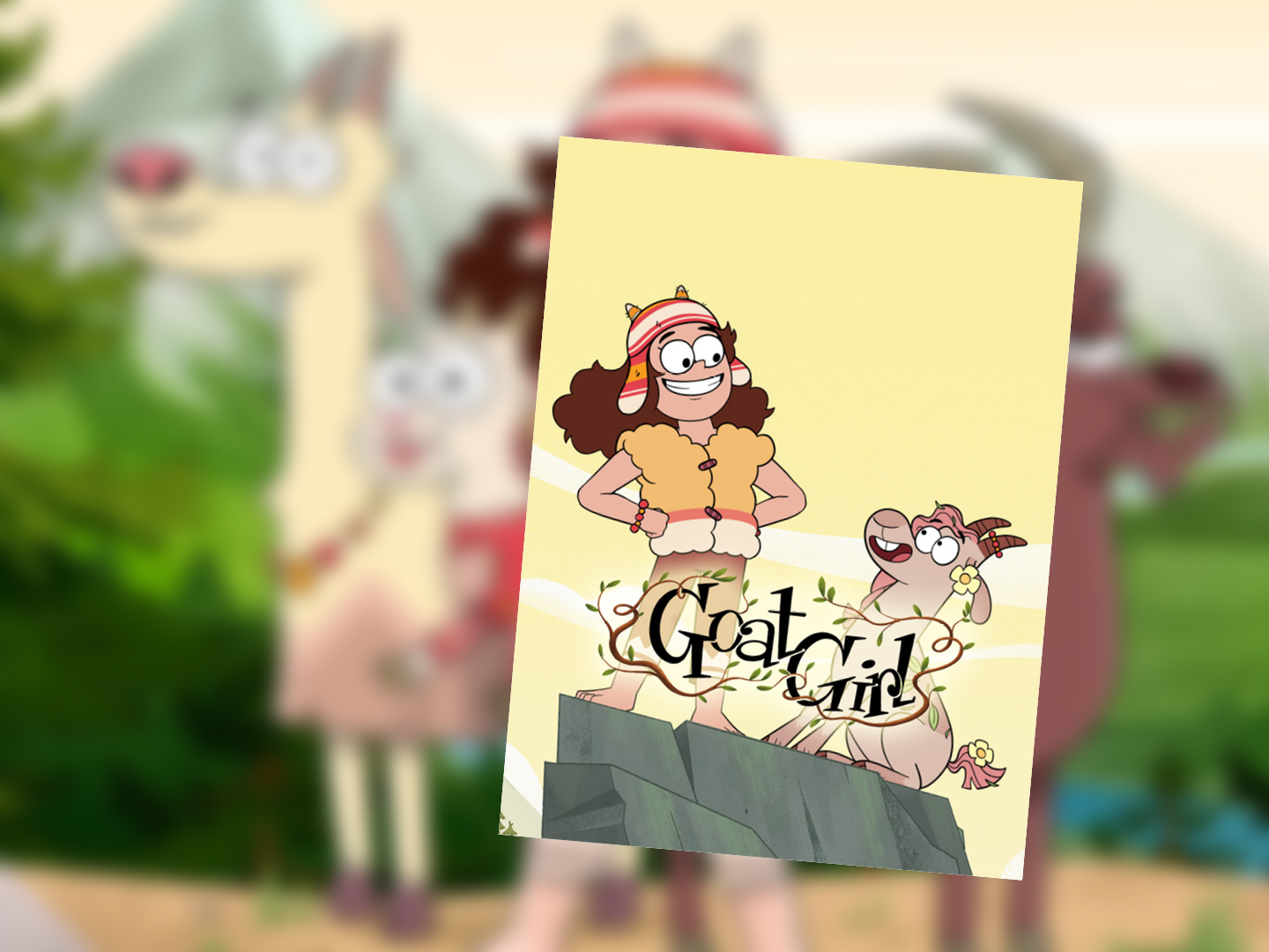Goat Girl poster featuring the main character standing proudly on a rock next to a goat