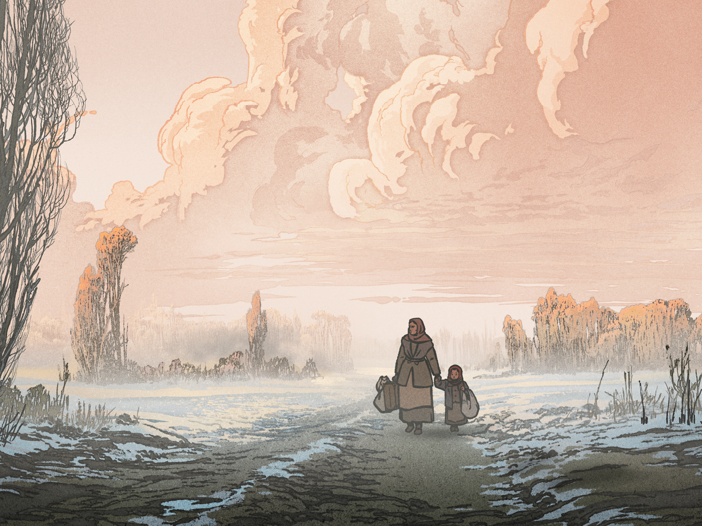 The woodcutter woman and the little girl walking away in the snow, holding hands